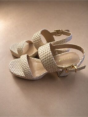 BAMBOO Cream Woven Block Heel Sandals with Gold Buckle